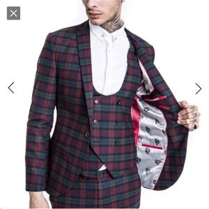 Noose & Monkey Ginsberg Plaid Double Breasted Waistcoat Vest Skull Print Back